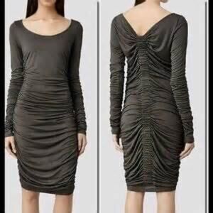 All Saints Milla Black Long Sleeve Ruched Knee Length Dress Size 4